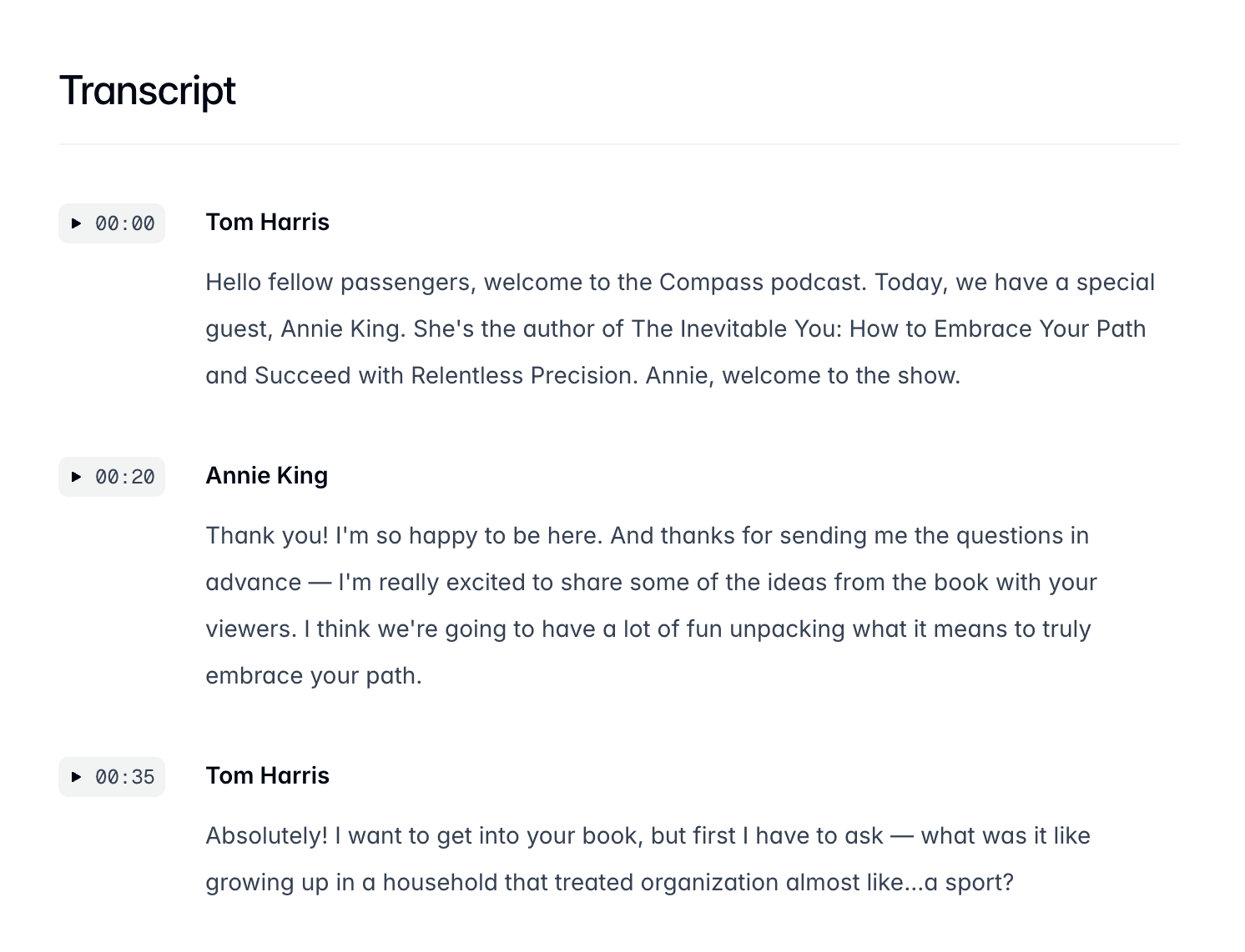 Stylized transcript of an interview between Tom Harris and Annie King
